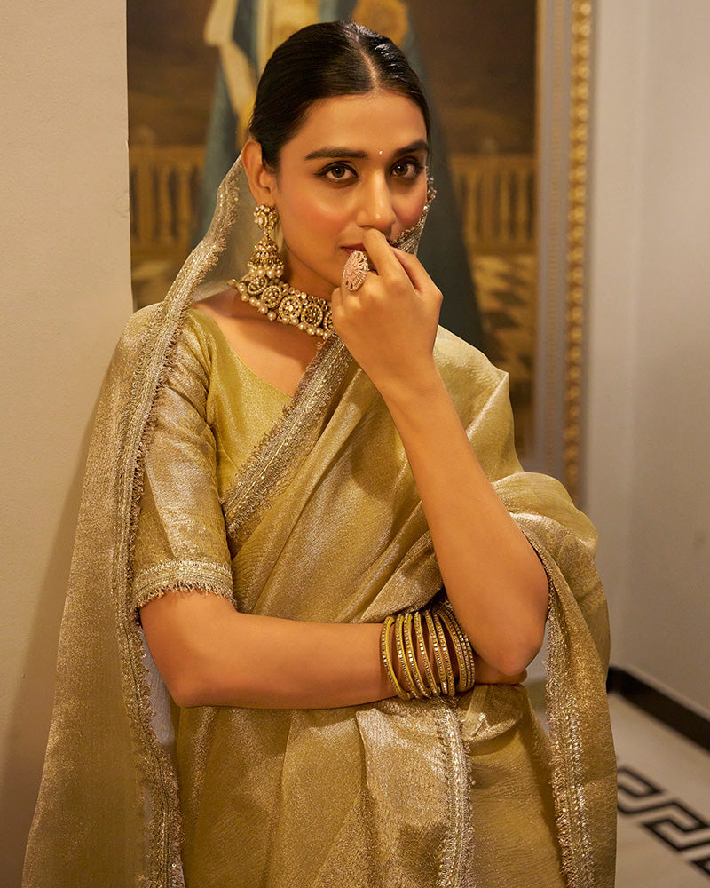 Designer Golden Color Weightless Tissue Shimmer Saree
