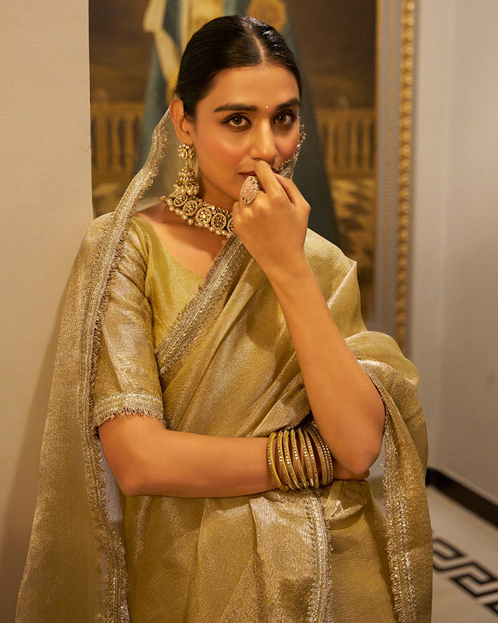 Designer Golden Color Weightless Tissue Shimmer Saree