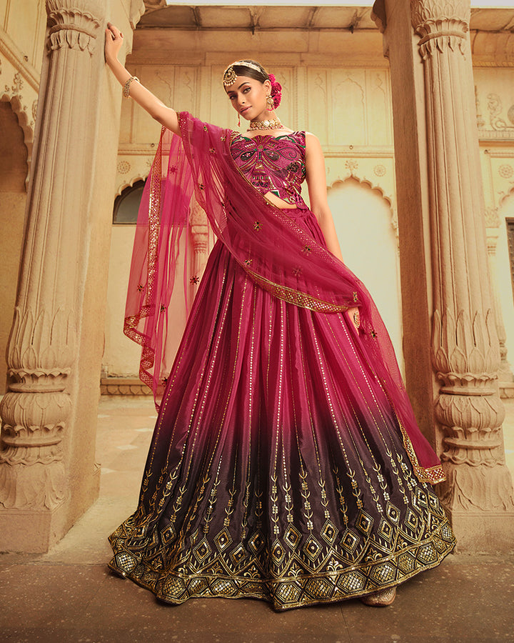 Deep Pink To Purple Color Silk Designer Lehenga Choli With Net Dupatta