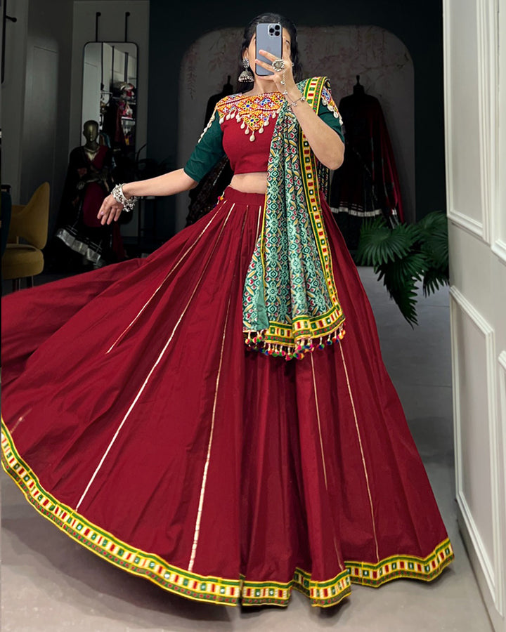 Designer Maroon Color Cotton Real Mirror Navratri Lehenga Choli