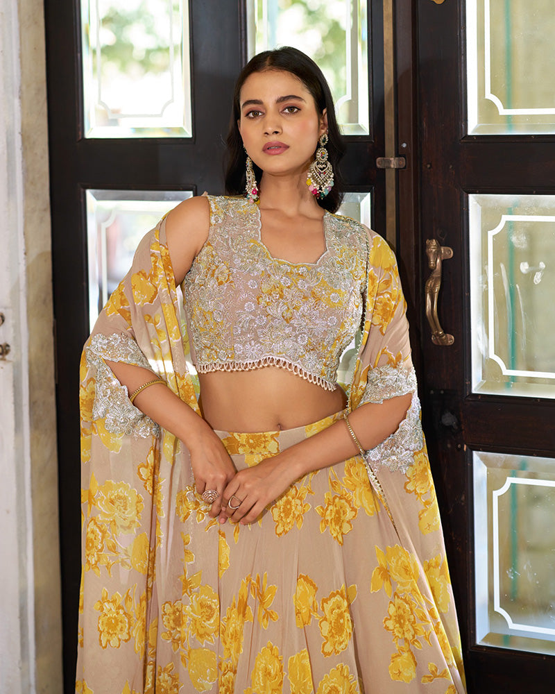 Mustard Color Georgette Embroidered Lehenga Choli