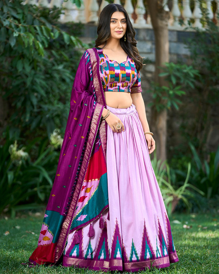 Light Purple Color Print With Foil Work Tussar Silk Lehenga Choli