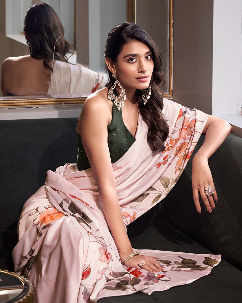 Designer Off White Color Satin Silk Printed Saree