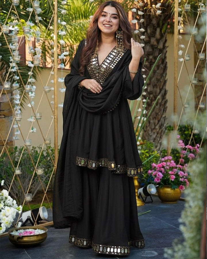 Black Color Viscose Cosmos Plazzo Suit