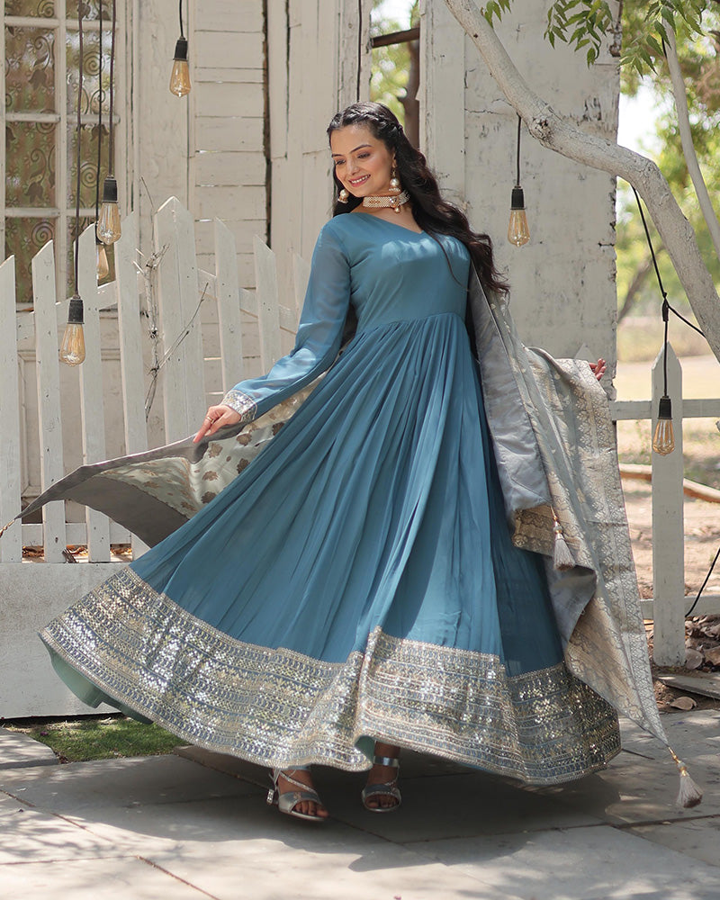 Sky Blue Color Georgette Gown With Jacquard Dupatta