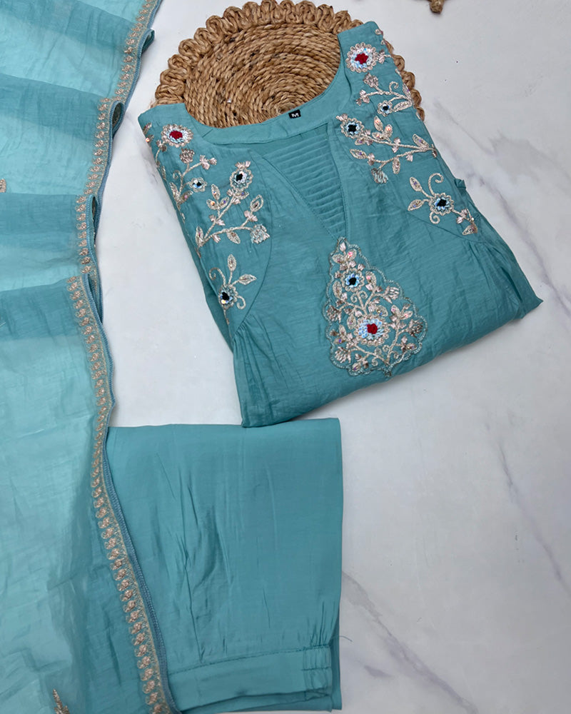 Dusty Teal Color Mal Cotton Three Piece Kurti Suit