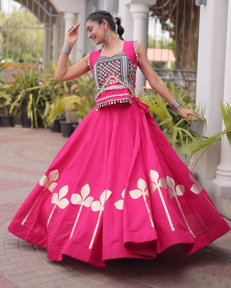 Six Color Roman Silk With Gota Patti Work Navratri Lehenga Set
