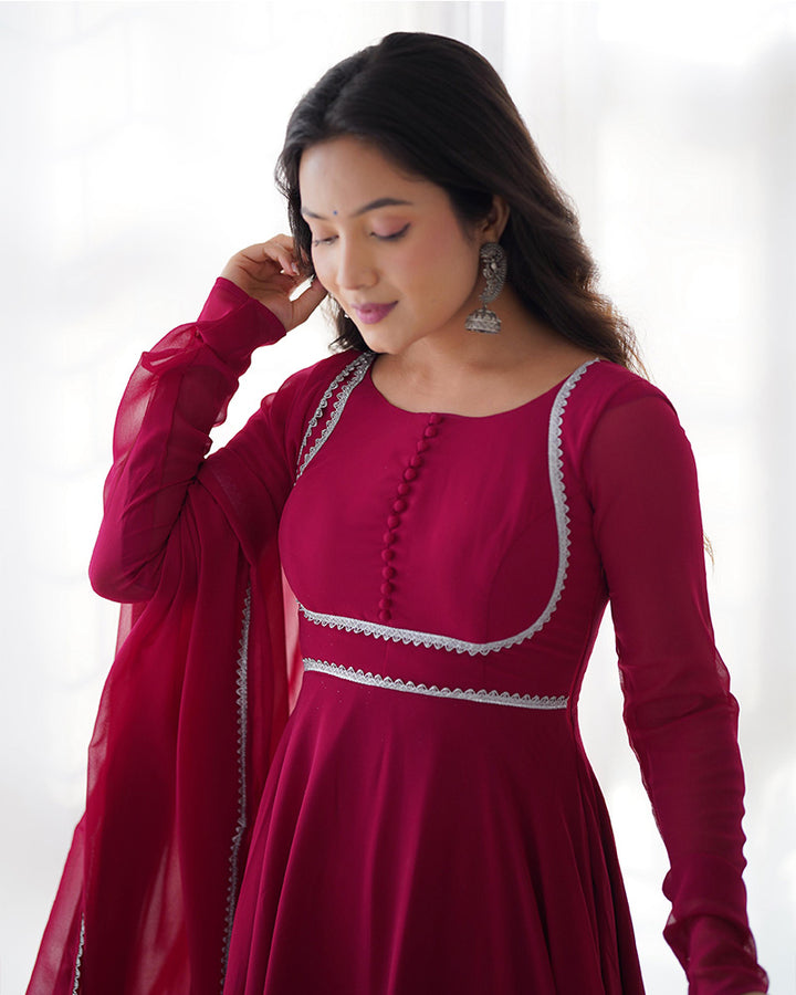 Rose Pink Color Georgette Anarkali With Pant And Dupatta