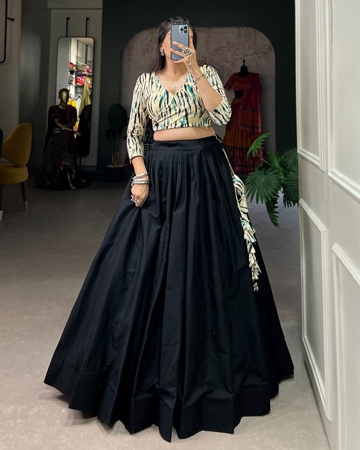 Navy Blue Color Cotton Shibori Printed Navratri Lehenga Choli