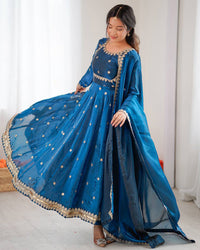 Navy Blue Color Fendi Silk Thread Embroidered Anarkali Suit
