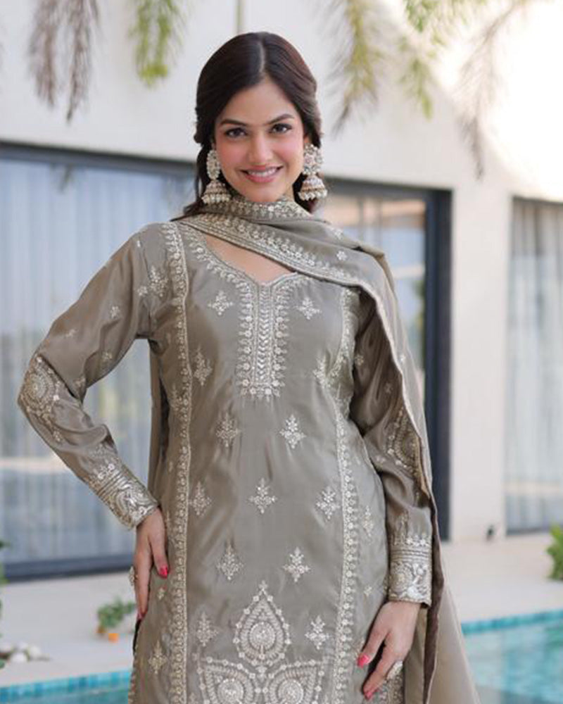 Grey Color Ho Silk Embroidered Kurti Suit