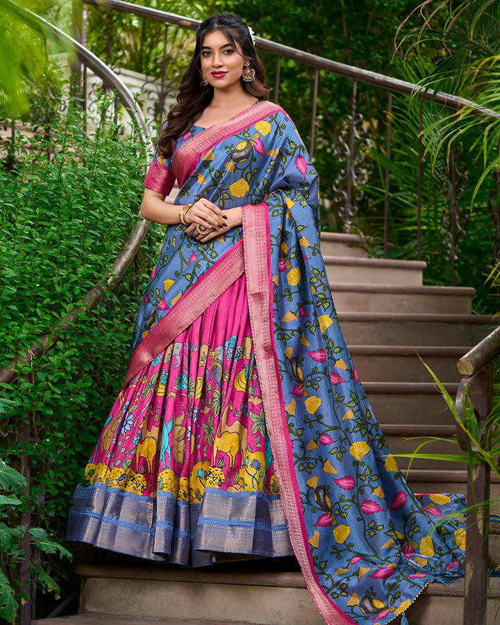 Pink Color Dola Silk Designer Kalamkari Print Half Saree