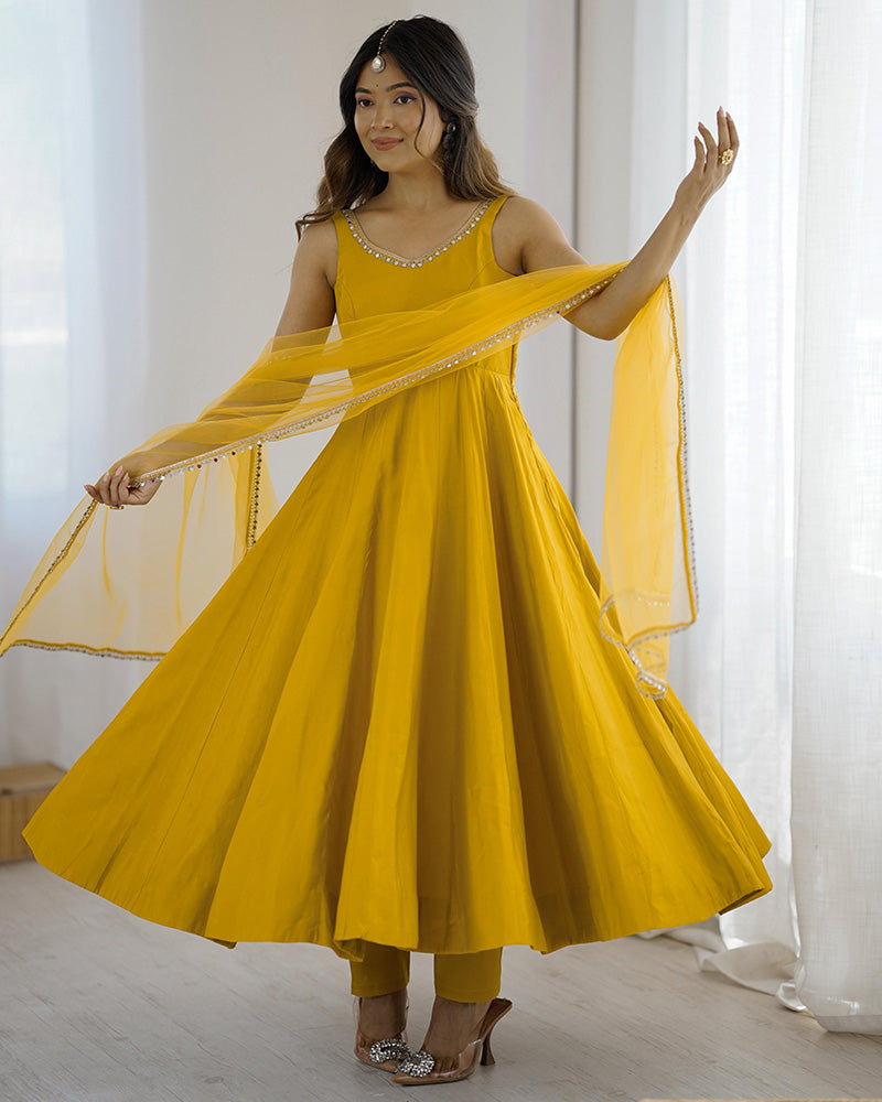Designer Yellow Color Roman Chanderi Silk Anarkali Suit