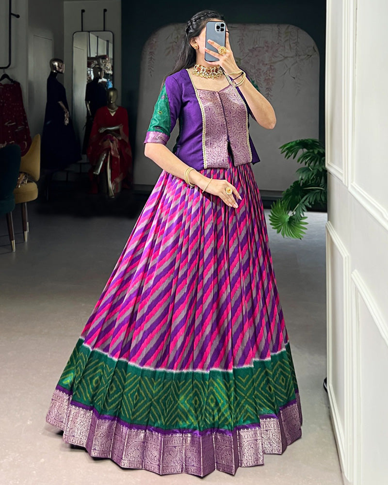 Purple Color Tasar Silk Printed Zari Weaving Lehenga Choli