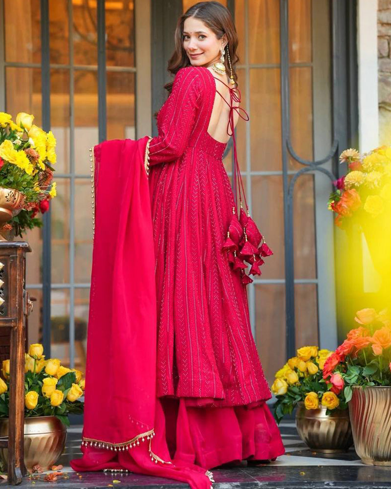 Rani Pink Color Faux Blooming Embroidered Sharara Suit