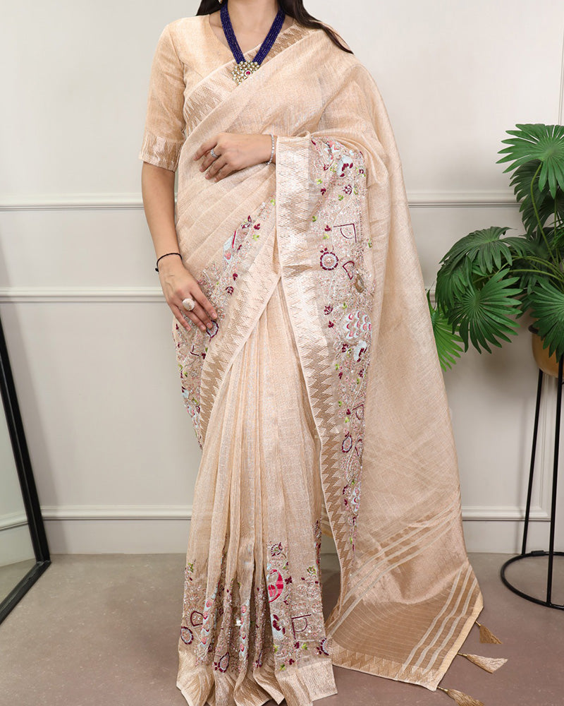 Cream Color Embroidered Kota Tissue Saree
