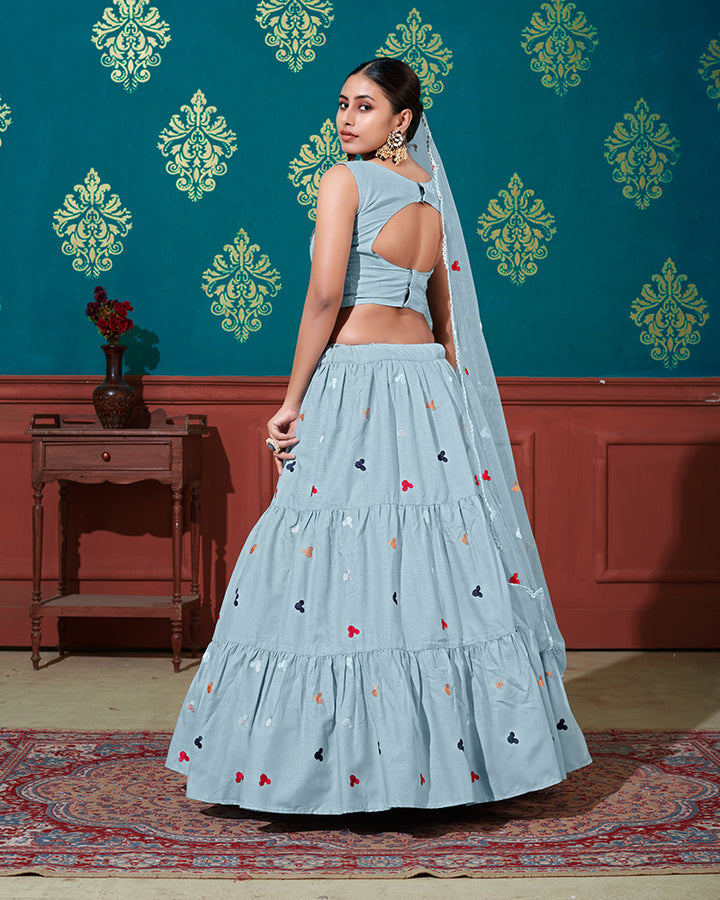 Sky Blue Color Cotton Thread Embroidered Lehenga Choli