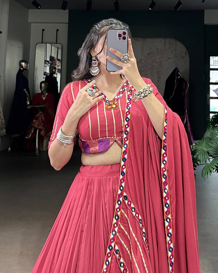 Vibrant Dark Pink Color Rayon Gamthi Work Navratri Lehenga Choli