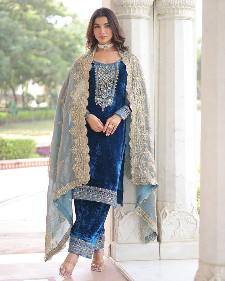 Morpich Color Velvet Three Piece Kurti Suit