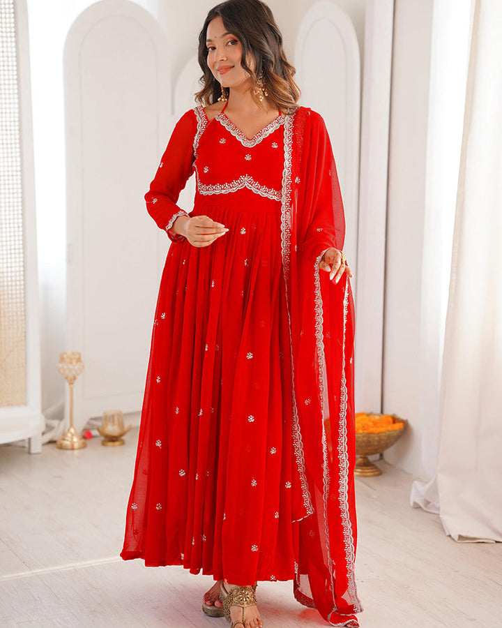 Red Color Georgette Sequence Embroidered Anarkali Suit