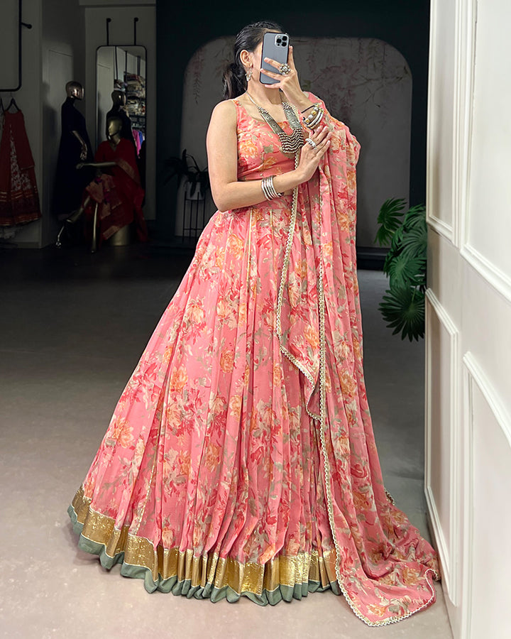 Peach Color Chiffon Floral And Foil Printed Lehenga Choli