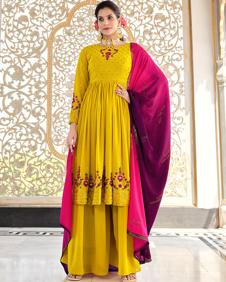 Embriodered Floracance Green Color Georgette Three Piece Palazzo Suit