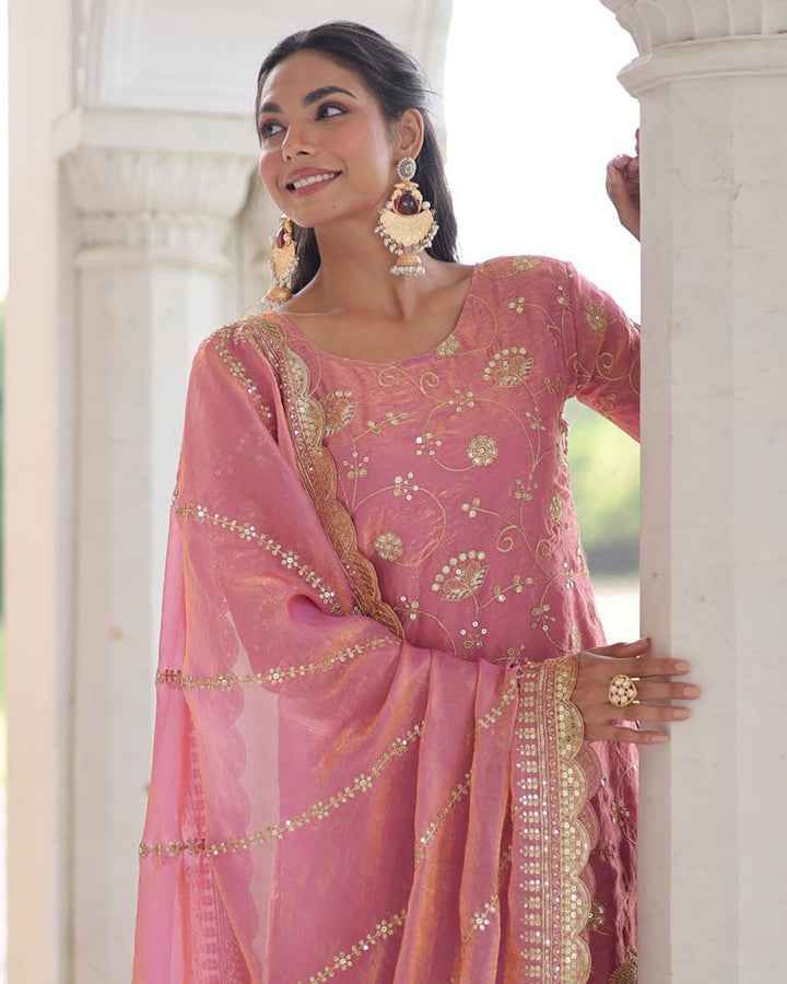Baby Pink Color Fendi Silk Embroidered Sharara Suit