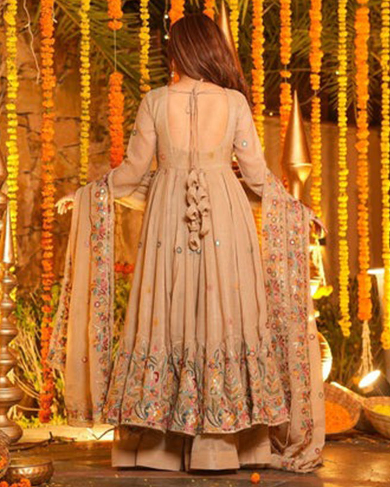 Cream Color Crunchy Silk Embroidered Sharara Suit