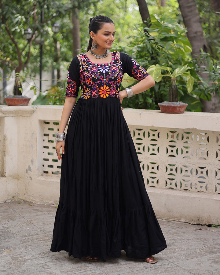 Navratri Wear Black Color Rayon Gamthi Work Gown