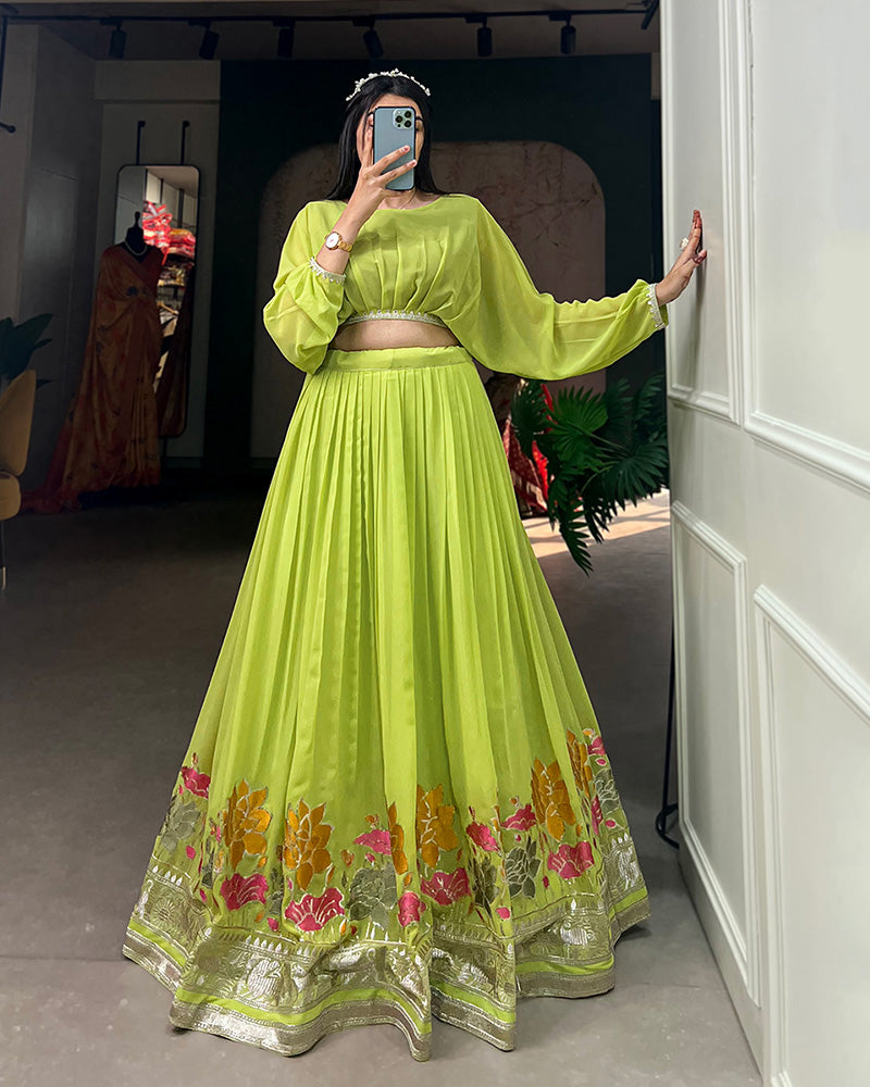 Designer Parrot Color Georgette Crop Top Lehenga Choli