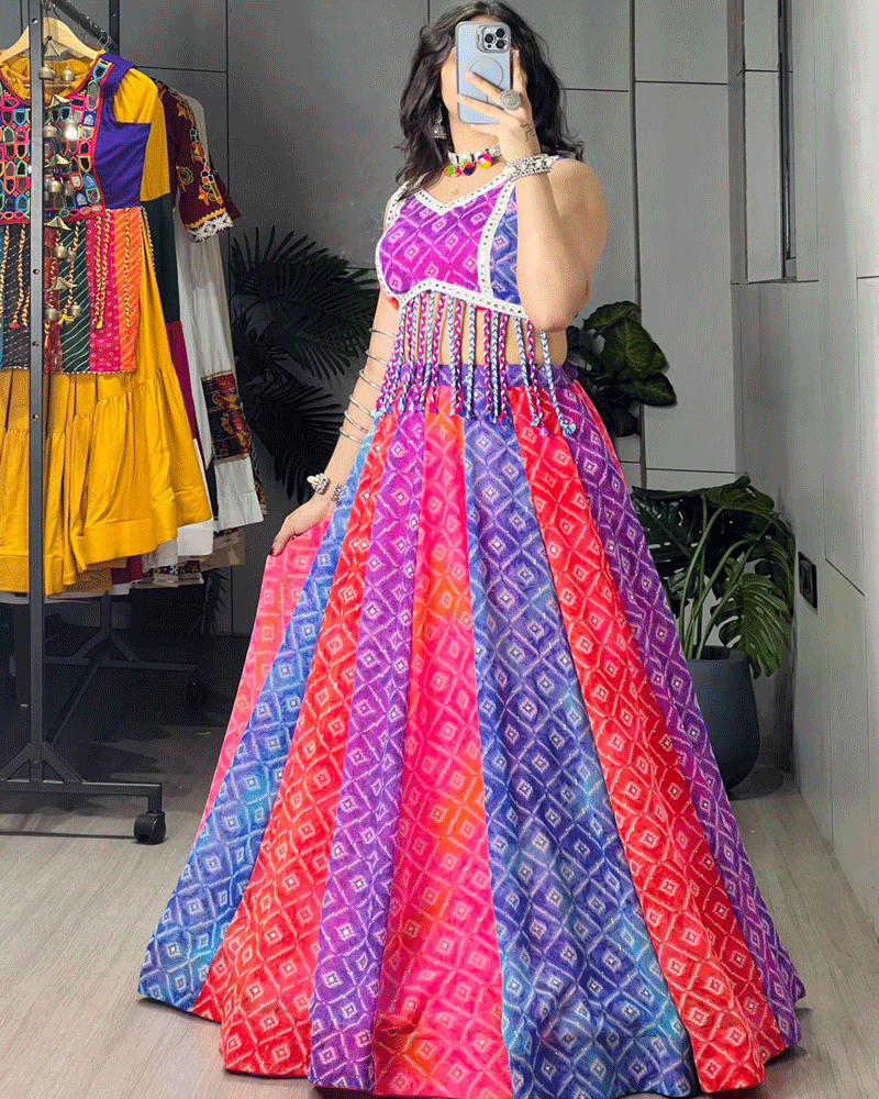Multi Color Faux Georgette Foil Printed Navratri Lehenga Set