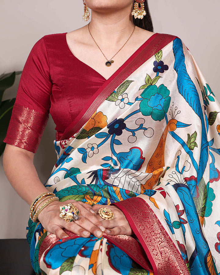 Off-White Color Tasar Silk Ethnic Printed Saree