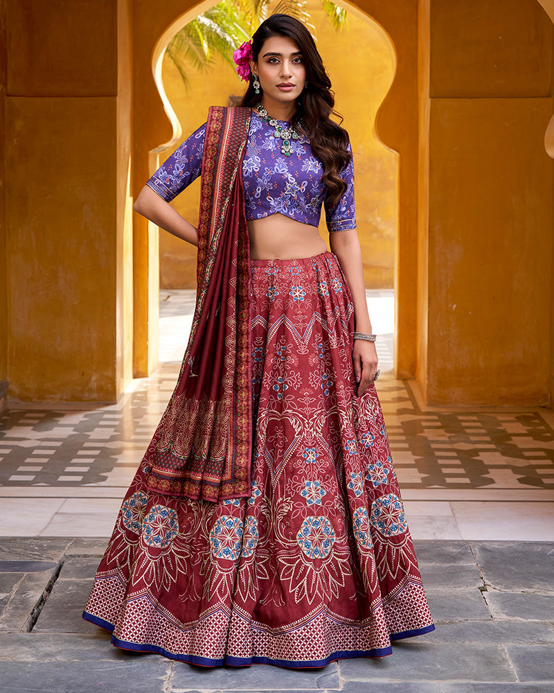 Maroon Color Vichitra Silk Printed And Embroidered Lehenga Choli