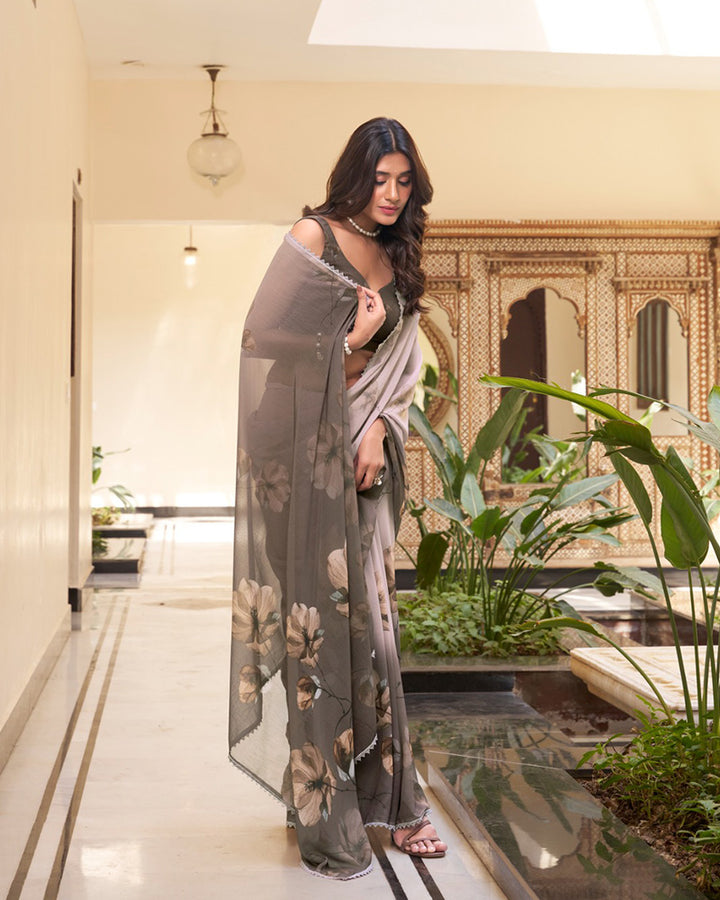 Designer Chikoo Color Weightless Marble Printed Saree