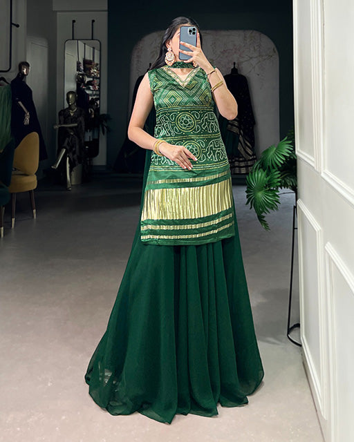 Designer Green Color Gaji Silk Three Piece Plazzo Suit