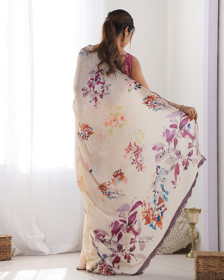 Cream Color Chinnon Silk Printed Saree