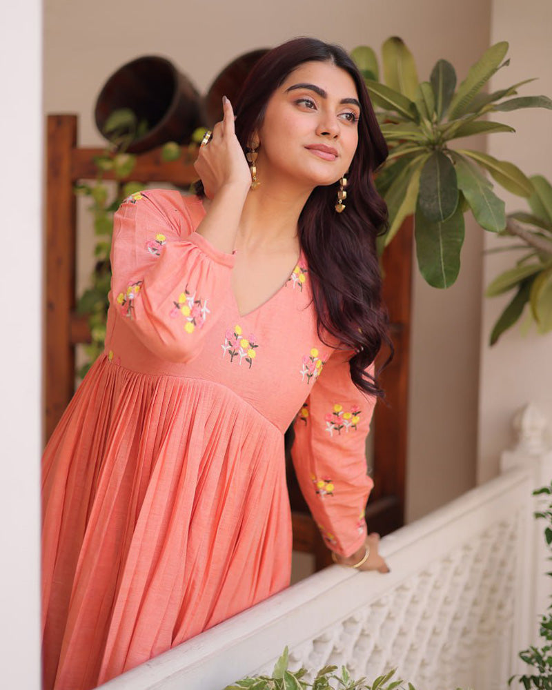 Peach Color Pure Cotton Embroidered Kurti Suit