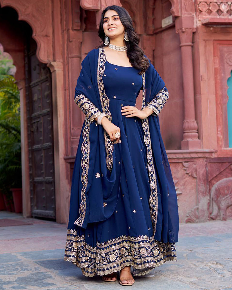 Ethnic Blue Color Georgette Sequence Embroidered Gown