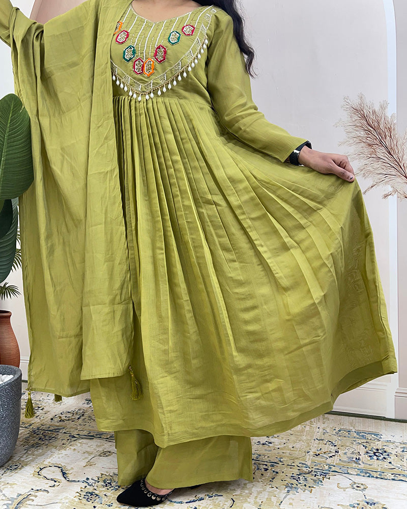 Olive Green Color Pure Mal Chanderi Plazzo Suit