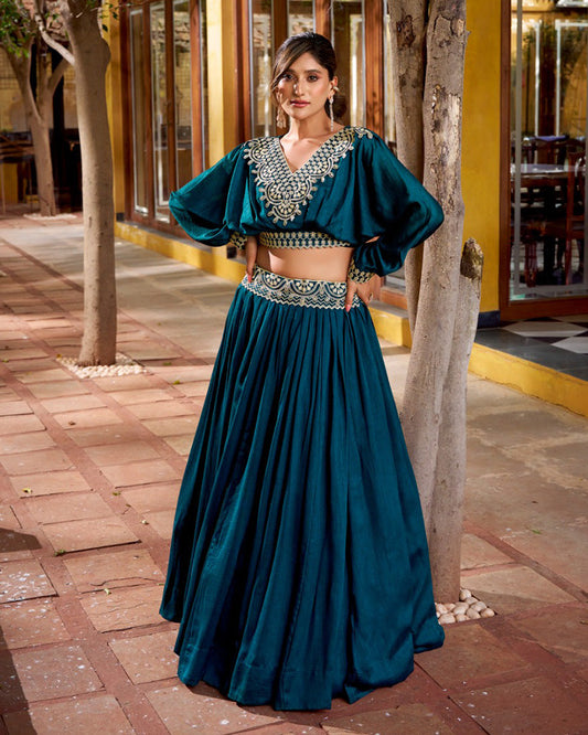 Peacock Blue Color Vichitra Silk Embroidered Lehenga Choli