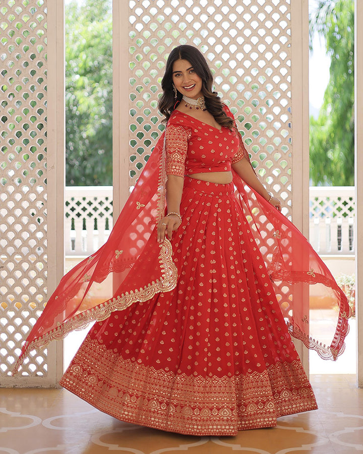 Designer Red Color Viscose Jacquard Lehenga Choli