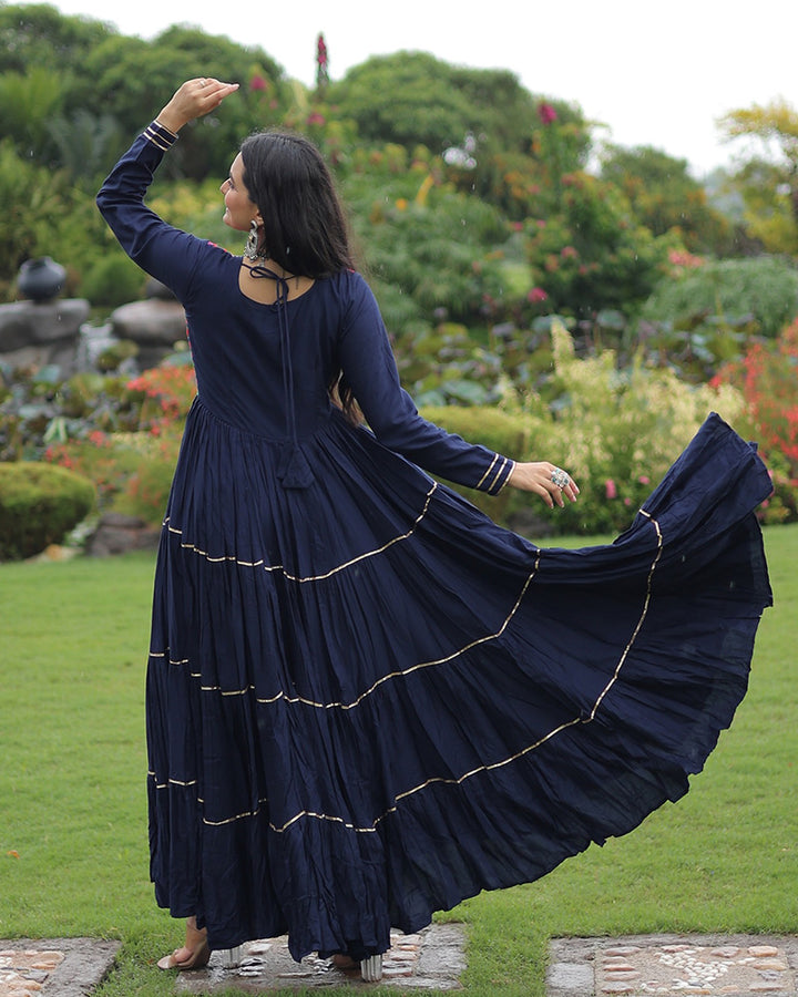 Designer Navy Blue Flared Navratri Gown With Mirror Work Yoke