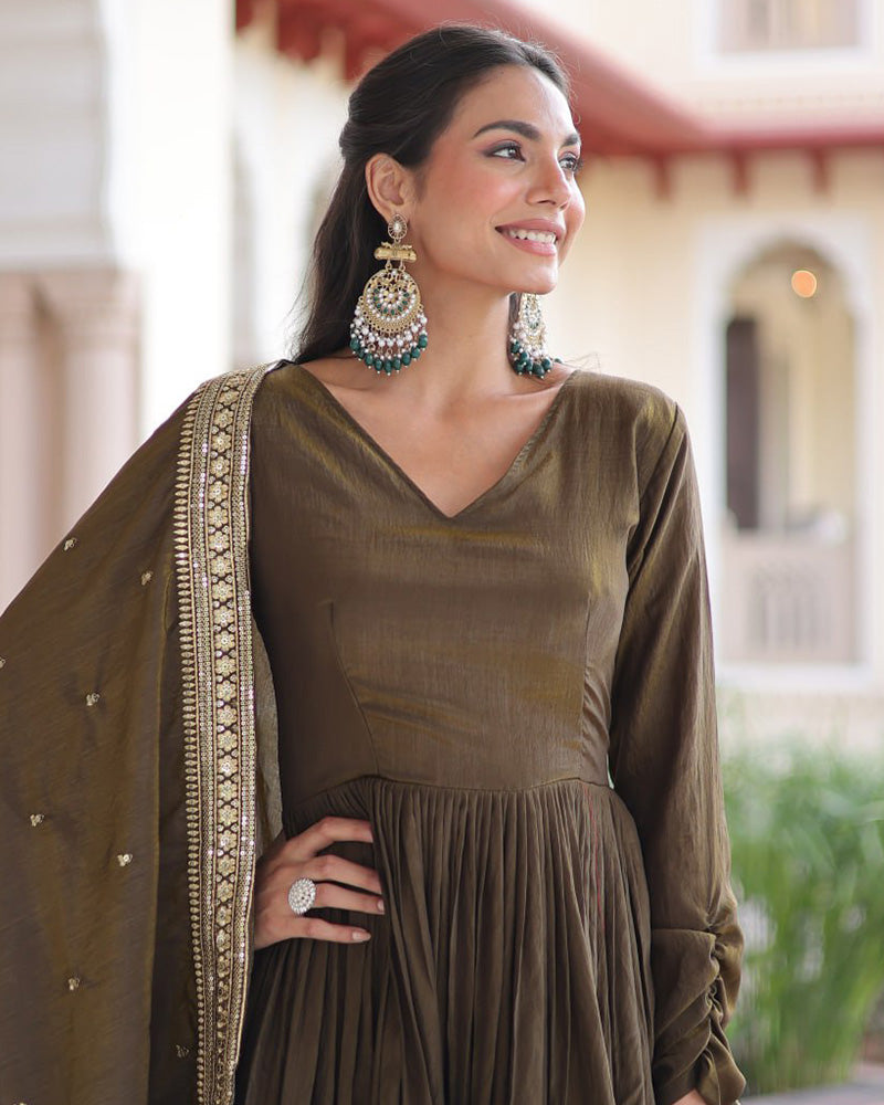 Mehndi Olive Color Vichitra Silk Sequence Embroidered Gown