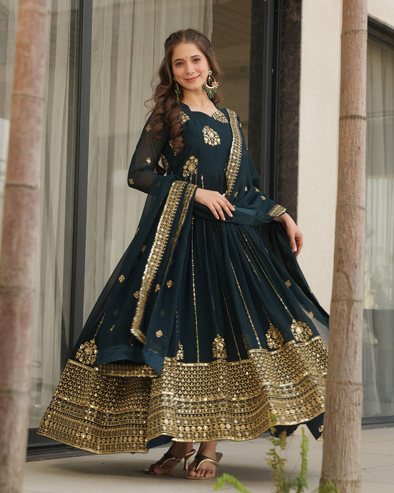 Deep Teal Green Color Faux Blooming Gown With Embroidered Dupatta