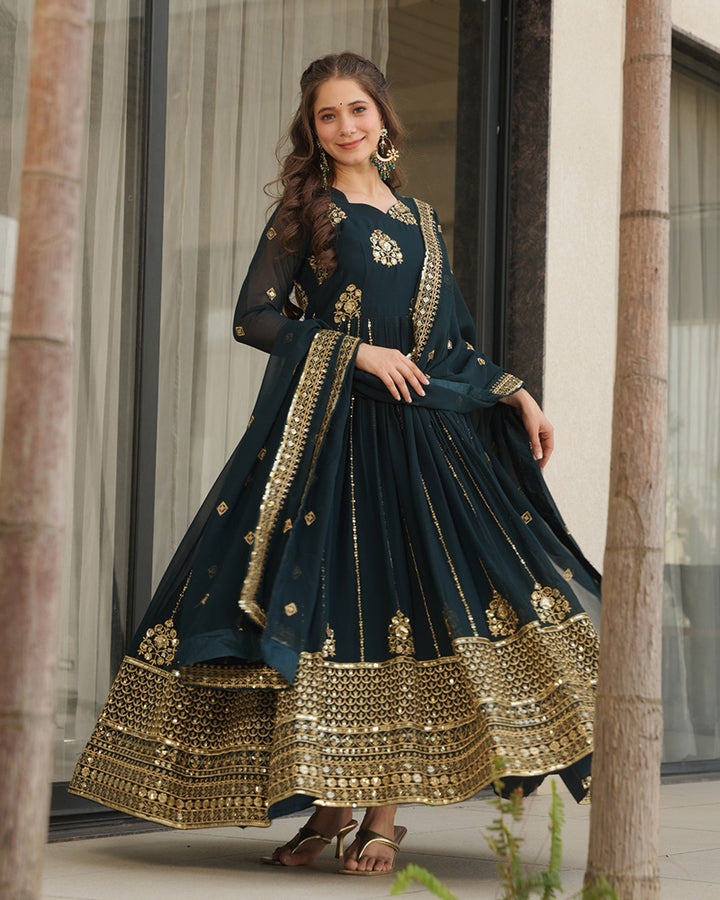 Deep Teal Green Color Faux Blooming Gown With Embroidered Dupatta