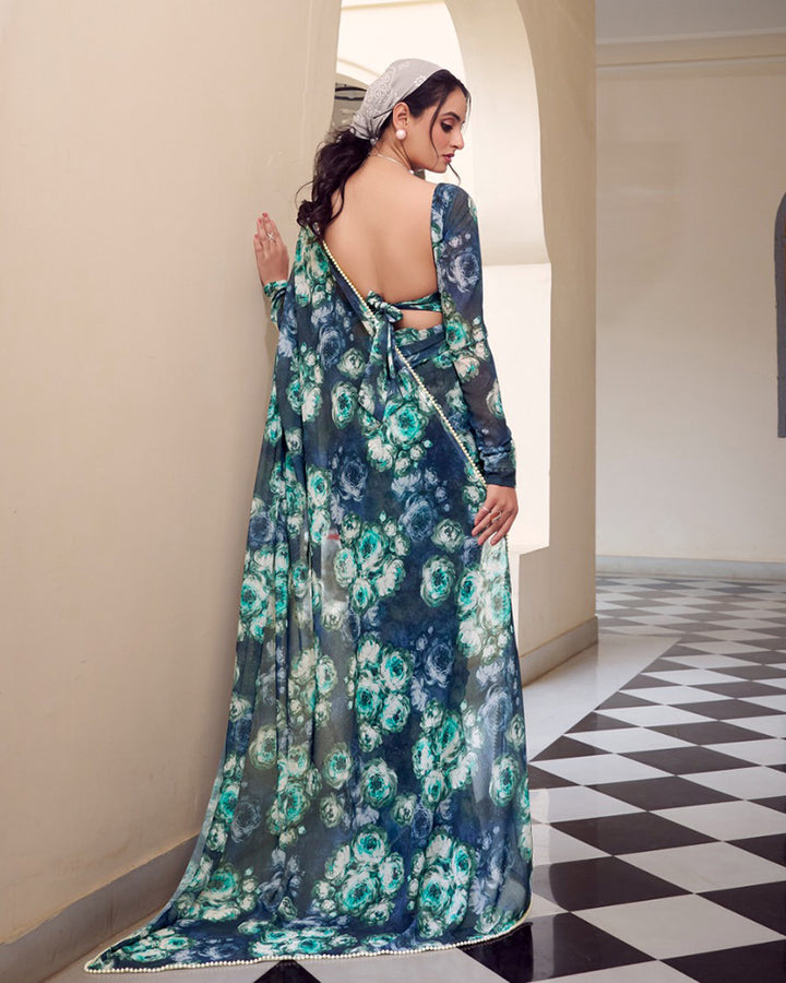 Designer Navy Blue Color Weightless Marble Floral Printed Saree