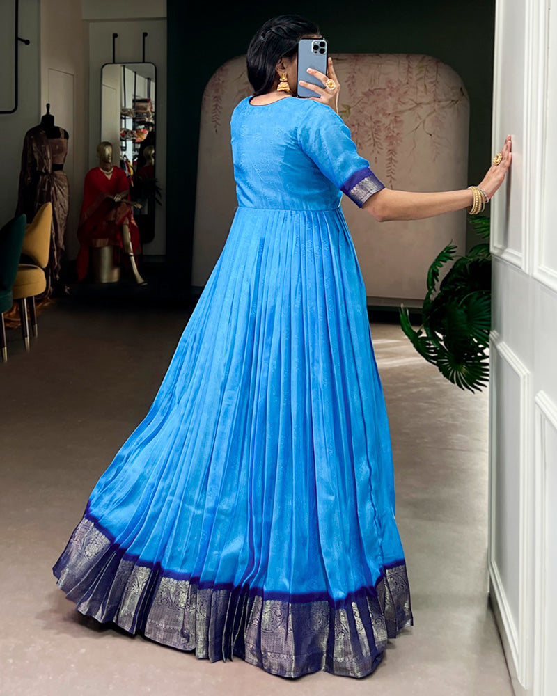Blue Color Mass Mello Zari Weaving Gown