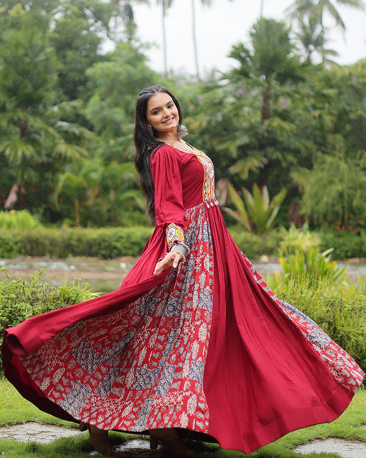 Navratri Special Maroon Color Reyon Gamthi Style Gown