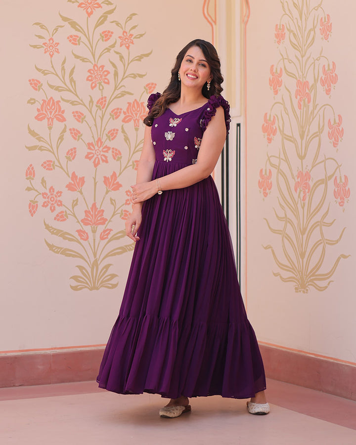 Designer Wine Color Faux Blooming Embroidered work Gown