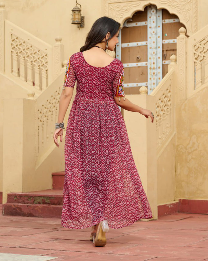 Maroon Festival Wear Faux Georgette Kutchi Work Kurti
